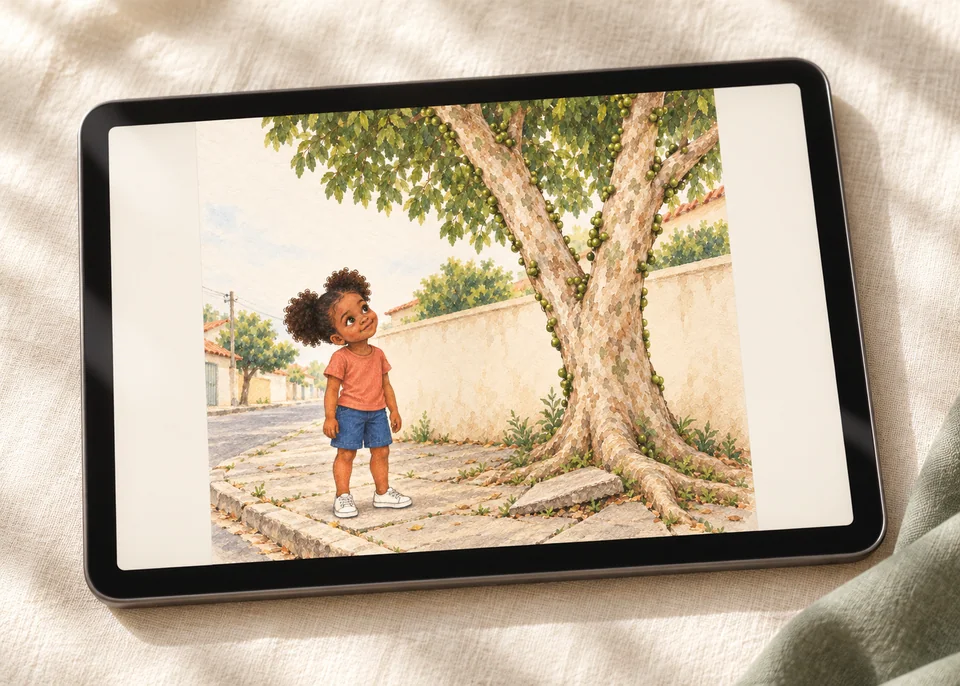 Uma página ilustrada de A jabuticaba aberta em um tablet