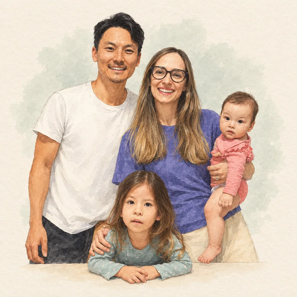 David e Paula com suas duas filhas, em um retrato de aquarela